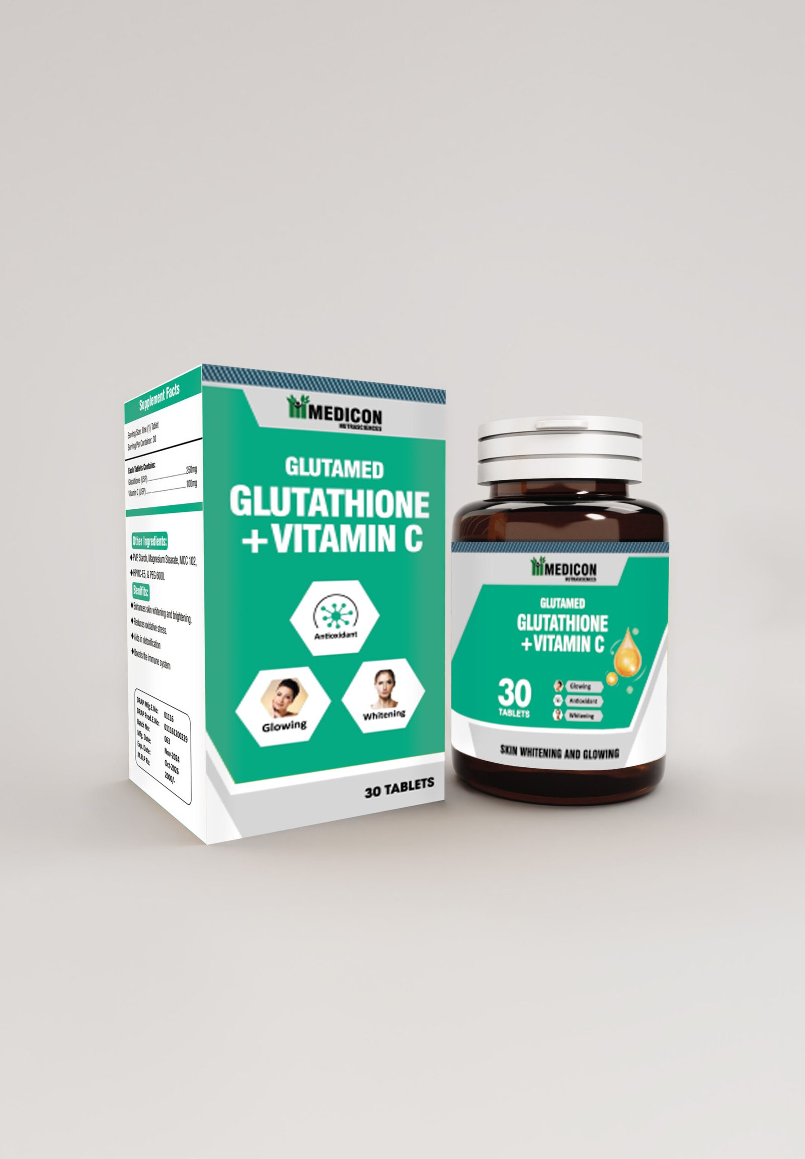 Glutathione + Vitamin C Tablets – Whitening Support, Anti-Aging & Immune Booster, High Potency Antioxidant, 30 Tablets