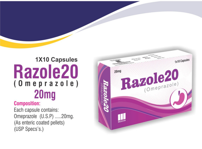 RAZOLE 20mg (Omeprazole) 10 Capsules – Advanced Acid Control Formula for Heartburn, Acidity & Reflux Relief – Fast-Acting Digestive Support.