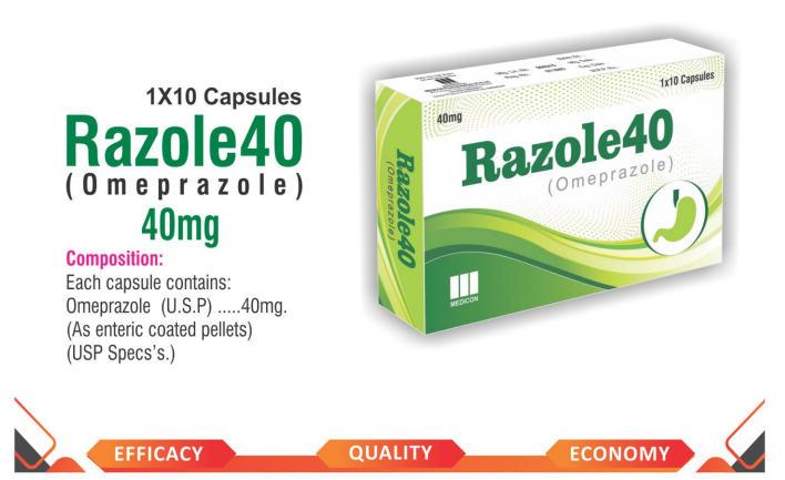 RAZOLE 40mg (Omeprazole U.S.P) 10 Capsules – Advanced Acid Control Formula for Heartburn, Acidity & Reflux Relief – Fast-Acting Digestive Support.