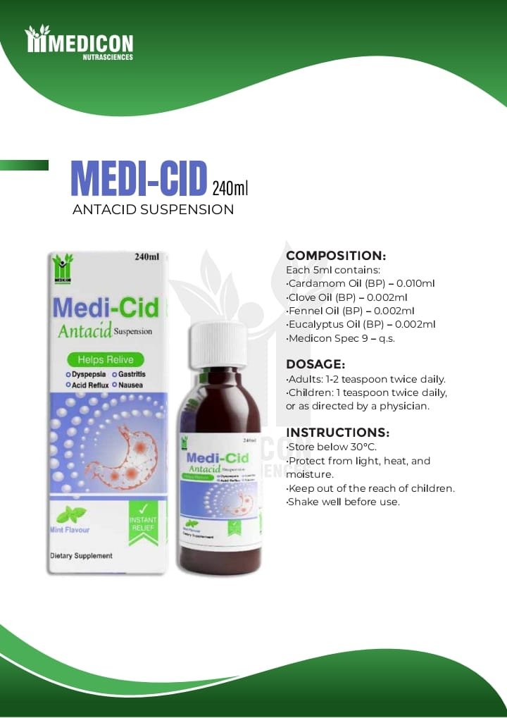 Medi-Cid Antacid suspension - Helps Relive (Dyspepsia, Gastritis, Acid Reflux, Nausea) 120ml / 240ml