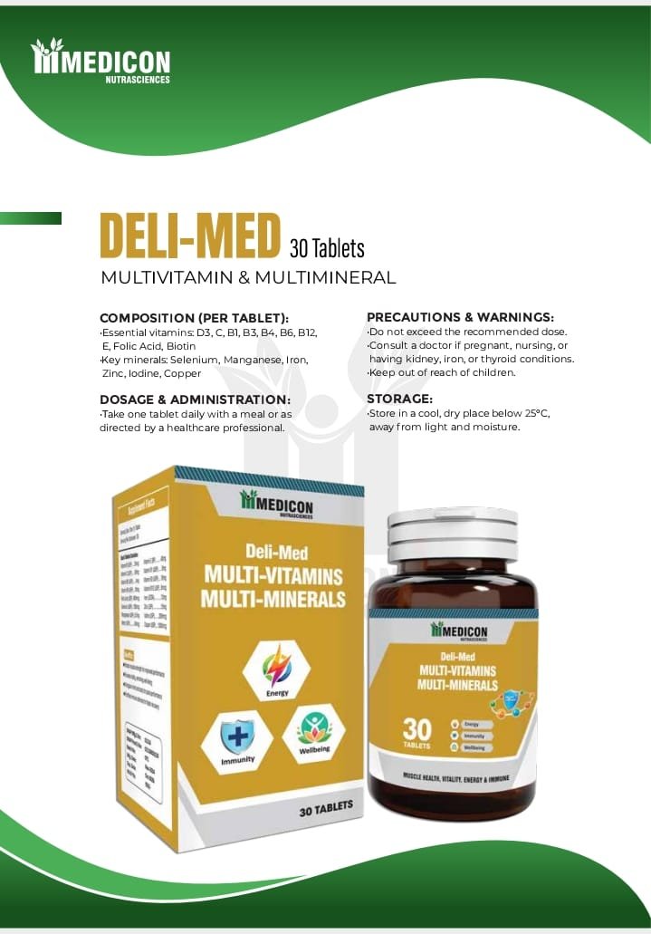 Deli Med Multi-Vitamins & Minerals Supplement 30Tablets - Boost Energy, Immunity & Wellbeing