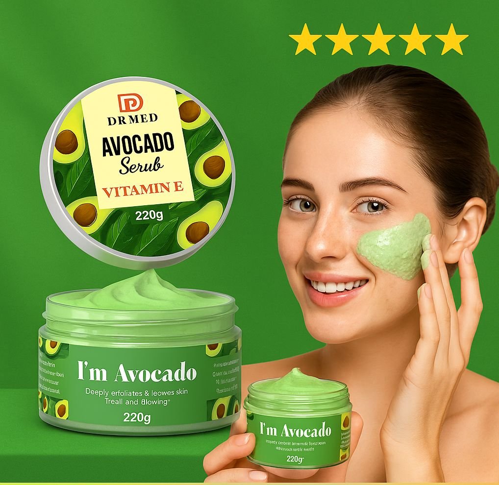 DR MED Avocado Vitamin E Scrub with Natural Essential Oils – 220g Deep Nourishing Exfoliator for Face – Hydrates, Brightens, Removes Dead Skin, and Restores Radiant Glow – Gentle Skincare for All Skin Types