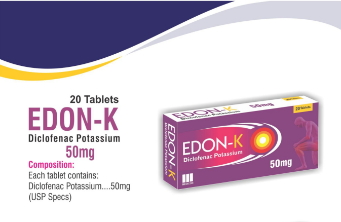 EDON-K Diclofenac Potassium 50mg 20Tablets. Fast Relief from Body Pain, Backache, Fever, Muscle, Joint & Headache Support