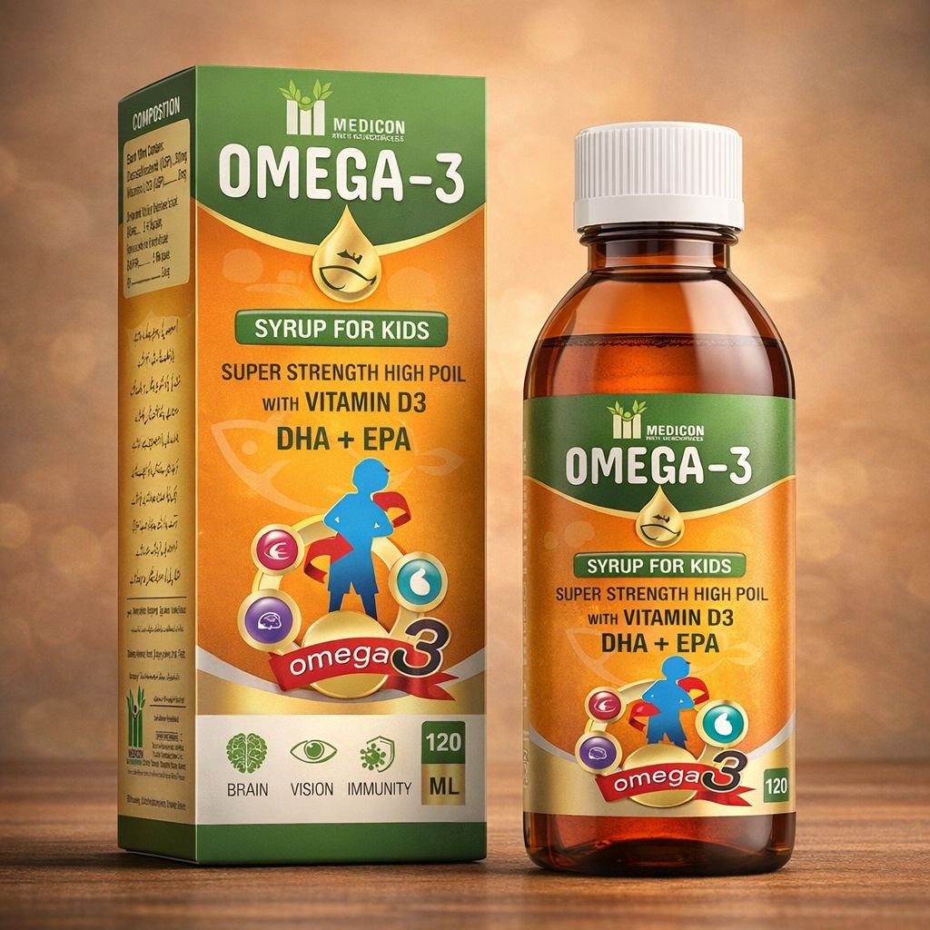 Omega-3 Kids Syrup – DHA + EPA with Vitamin D3 – Brain Development, Eye Health & Immunity Support 120ml.