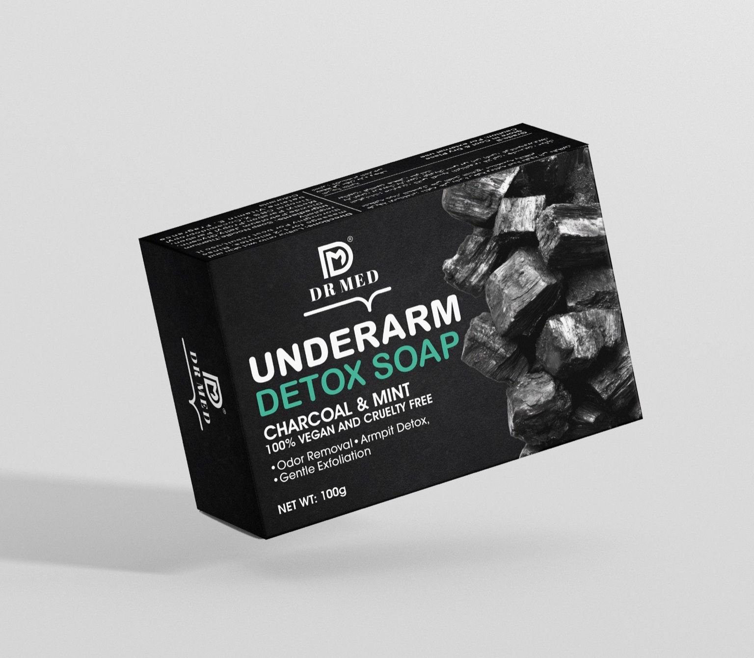 DR MED Underarm Detox Soap with Charcoal & Mint helps deeply cleanse underarms, control odor, and provide long-lasting freshness. 100% vegan, cruelty-free, and suitable for daily use by both men and women.